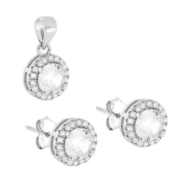 Parure Set Orecchini e Ciondolo Tondo Cubic Zirconia Bianco contornato da Cubic Zirconia Bianchi in ARGENTO 925 Galvanica Rodio