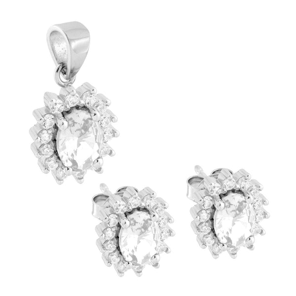 Parure Set Orecchini e Ciondolo Ovale Cubic Zirconia Bianco contornato da Cubic Zirconia Bianchi in ARGENTO 925 Galvanica Rodio