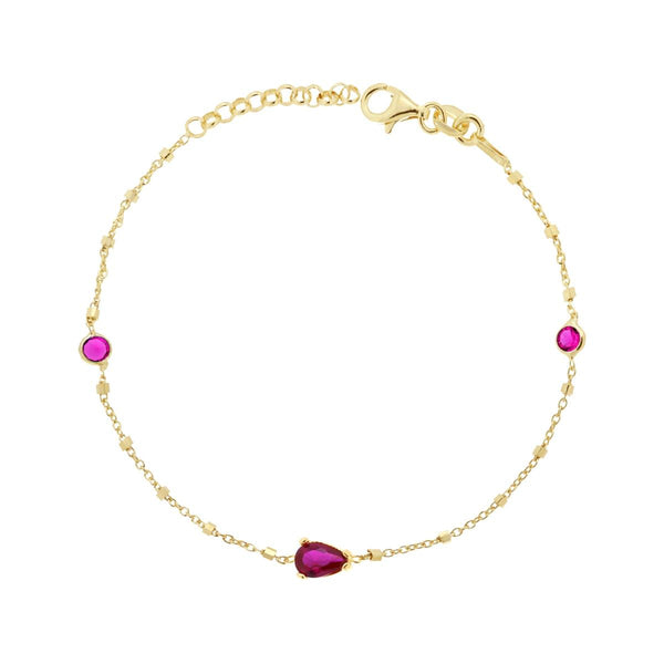 Bracciale Catena Forzatina e Cubetti Diamantati con Cubic Zirconia Tondi e Goccia Rosso Rubino in ARGENTO 925 Galvanica Oro