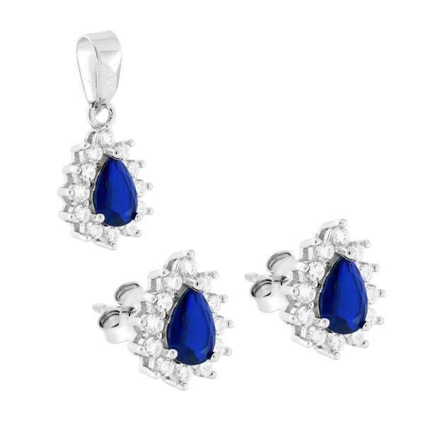 Parure Set Orecchini e Ciondolo Goccia Cubic Zirconia Blu Zaffiro contornato da Cubic Zirconia Bianchi in ARGENTO 925 Galvanica Rodio