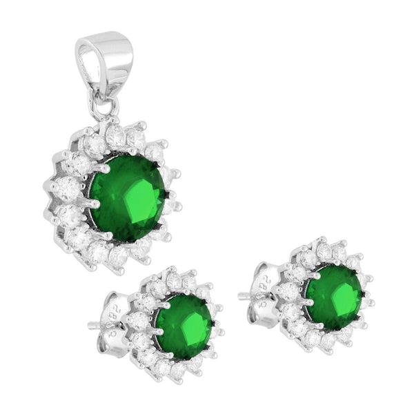 Parure Set Orecchini e Ciondolo Tondo Cubic Zirconia Verde Smeraldo contornato da Cubic Zirconia Bianchi in ARGENTO 925 Galvanica Rodio