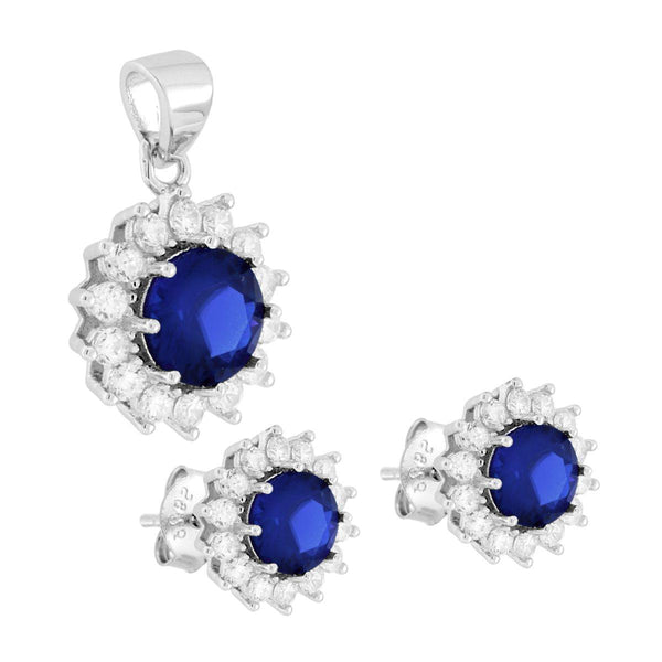 Parure Set Orecchini e Ciondolo Tondo Cubic Zirconia Blu Zaffiro contornato da Cubic Zirconia Bianchi in ARGENTO 925 Galvanica Rodio