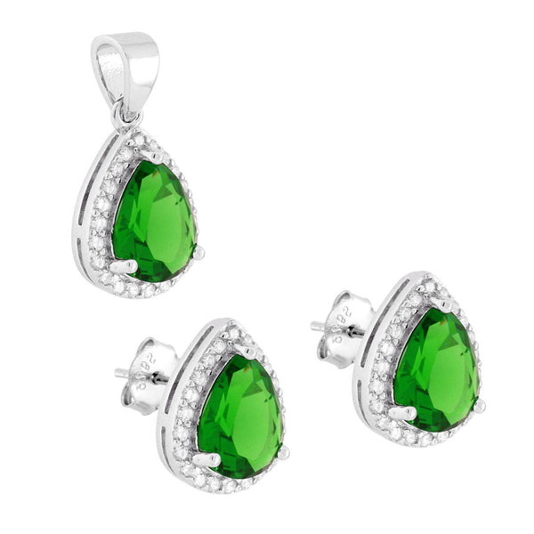 Parure Set Orecchini e Ciondolo Goccia Cubic Zirconia Verde Smeraldo contornato da Cubic Zirconia Bianchi in ARGENTO 925 Galvanica Rodio