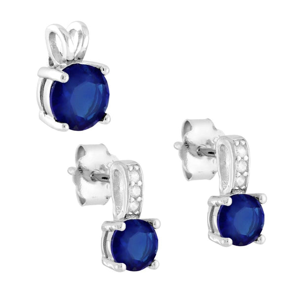 Parure Set Orecchini e Ciondolo Punto Luce Tondo Blu Zaffiro con Cubic Zirconia Bianchi in ARGENTO 925 Galvanica Rodio