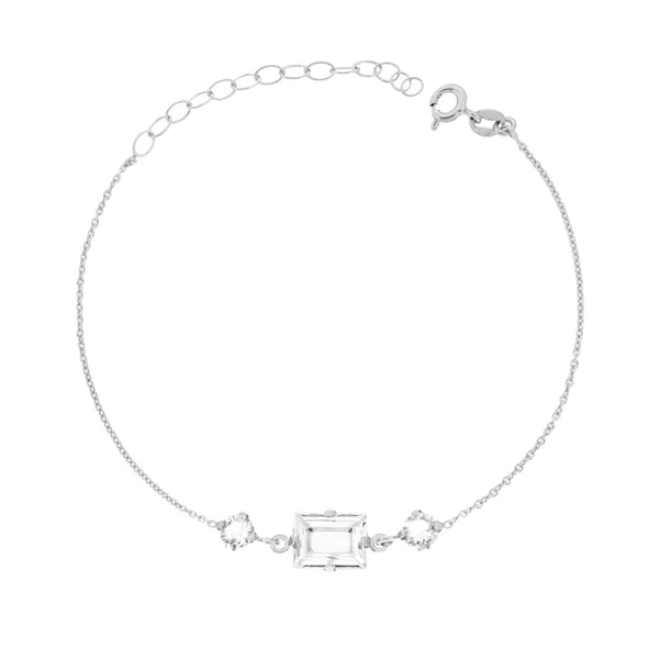 Bracciale Catena Forzatina Diamantata con Punti Luce Tondo e Baguette Crystal Bianco in ARGENTO 925 Galvanica Rodio