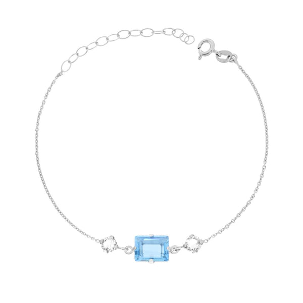 Bracciale Catena Forzatina Diamantata con Punti Luce Tondo e Baguette Crystal Bianco e Acquamarina in ARGENTO 925 Galvanica Rodio