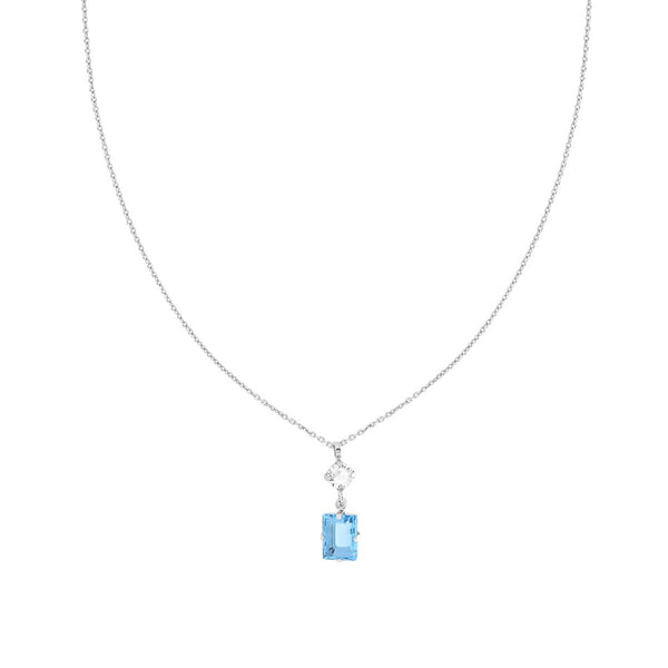 Collana Catena Forzatina Diamantata con Punti Luce Tondo e Baguette Crystal Bianco e Acquamarina in ARGENTO 925 Galvanica Rodio